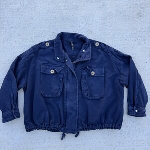 Zara TRF  blue utility Bomber jacket Linen Size XS Oversized Drawstring Waist